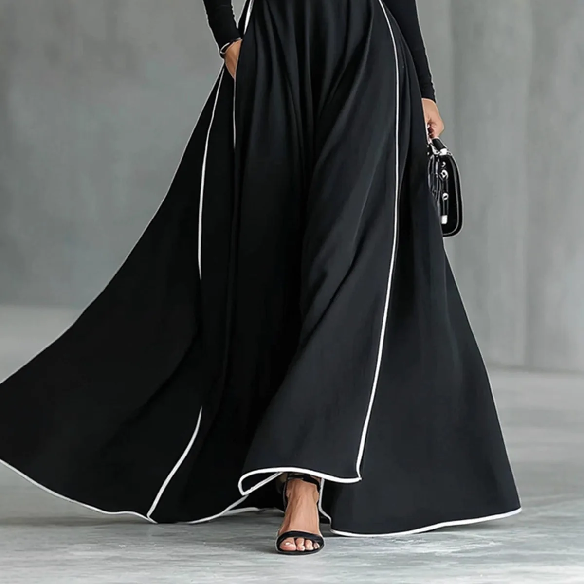 Black Stitching White Trim High Neck Long Sleeve Bodycon Belted Maxi Dress Dresses Spring Summer