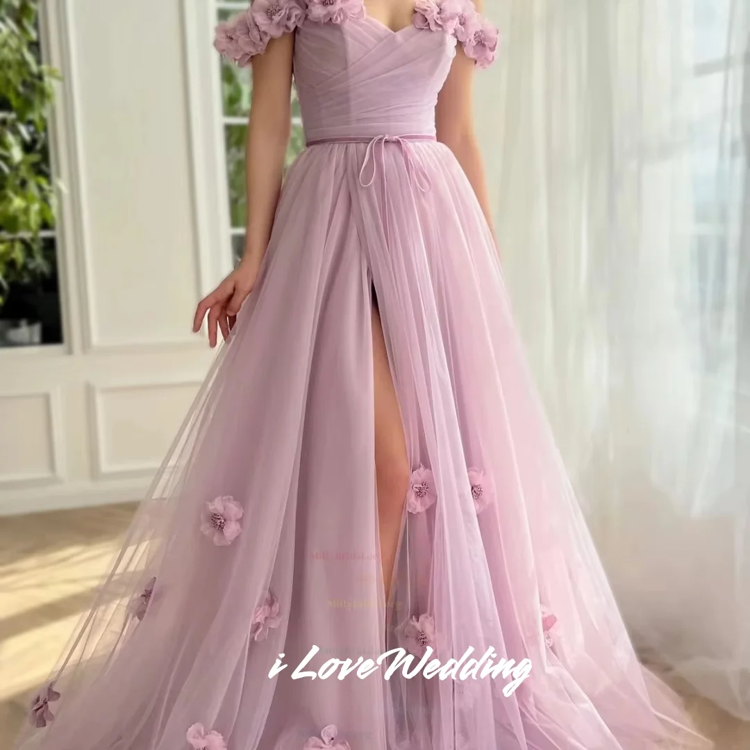 Purple V-Neck Prom Dresses 2025 Tulle Off Shoulder 3D Flowers A-line Side Split Pleated Floor-Length Evening Dresses Customized