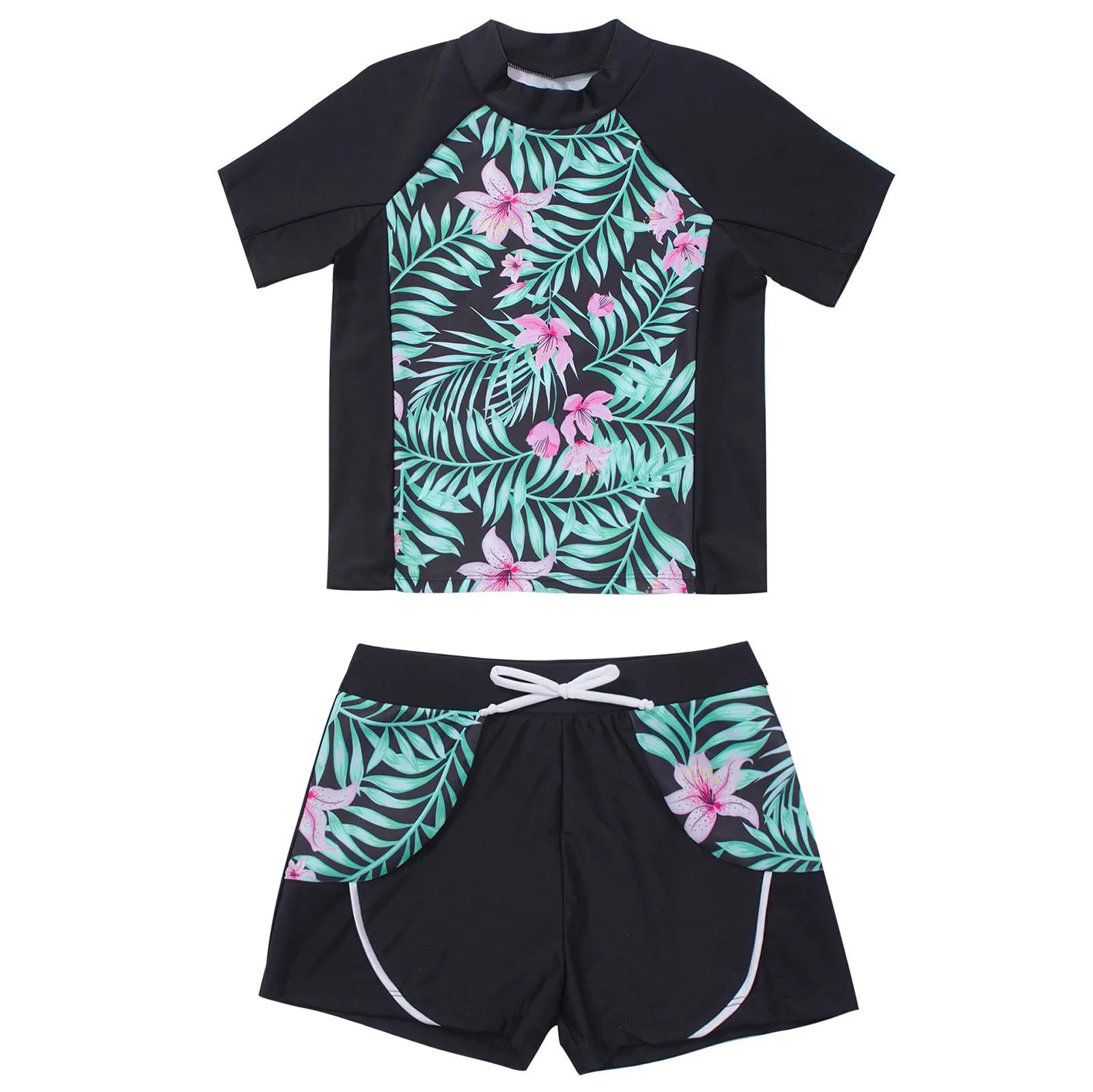 Kids Girls 2 Piece Rash Guard Set Swimwear Floral Print Short Sleeve Swim Shirt with Booty Shorts Tankini Swimsuit Bathing Suit