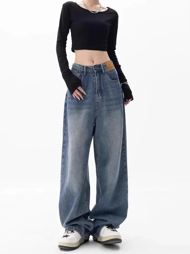 

Женские джинсы с высокой талией и широкими штанинами в американском ретро-стиле, свободного кроя, стройнящие, струящиеся, прямые, длинные брюки, женские джинсы Y2K