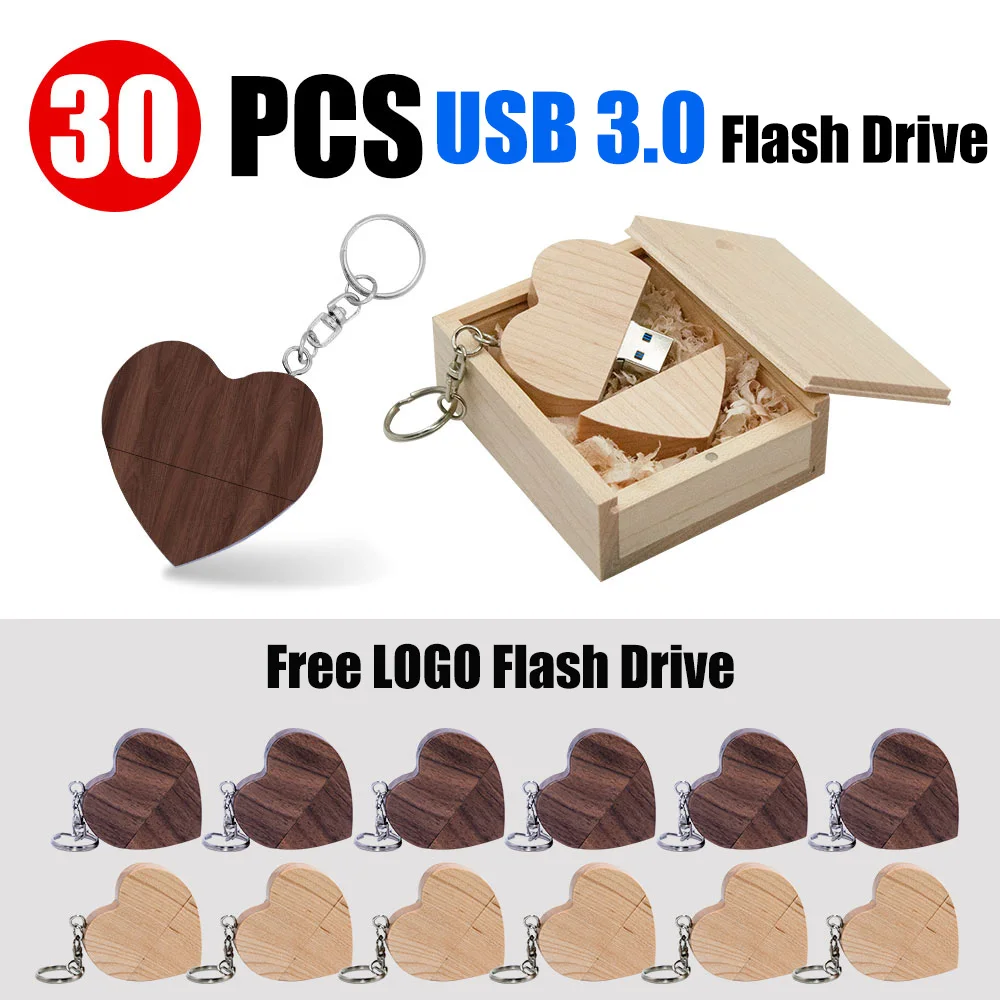 30PCS Pen drive wooden heart USB3.0 flash drive Free custom logo 128G 64G Memory stick with chain 32G 16G Wedding gift U disk 8G