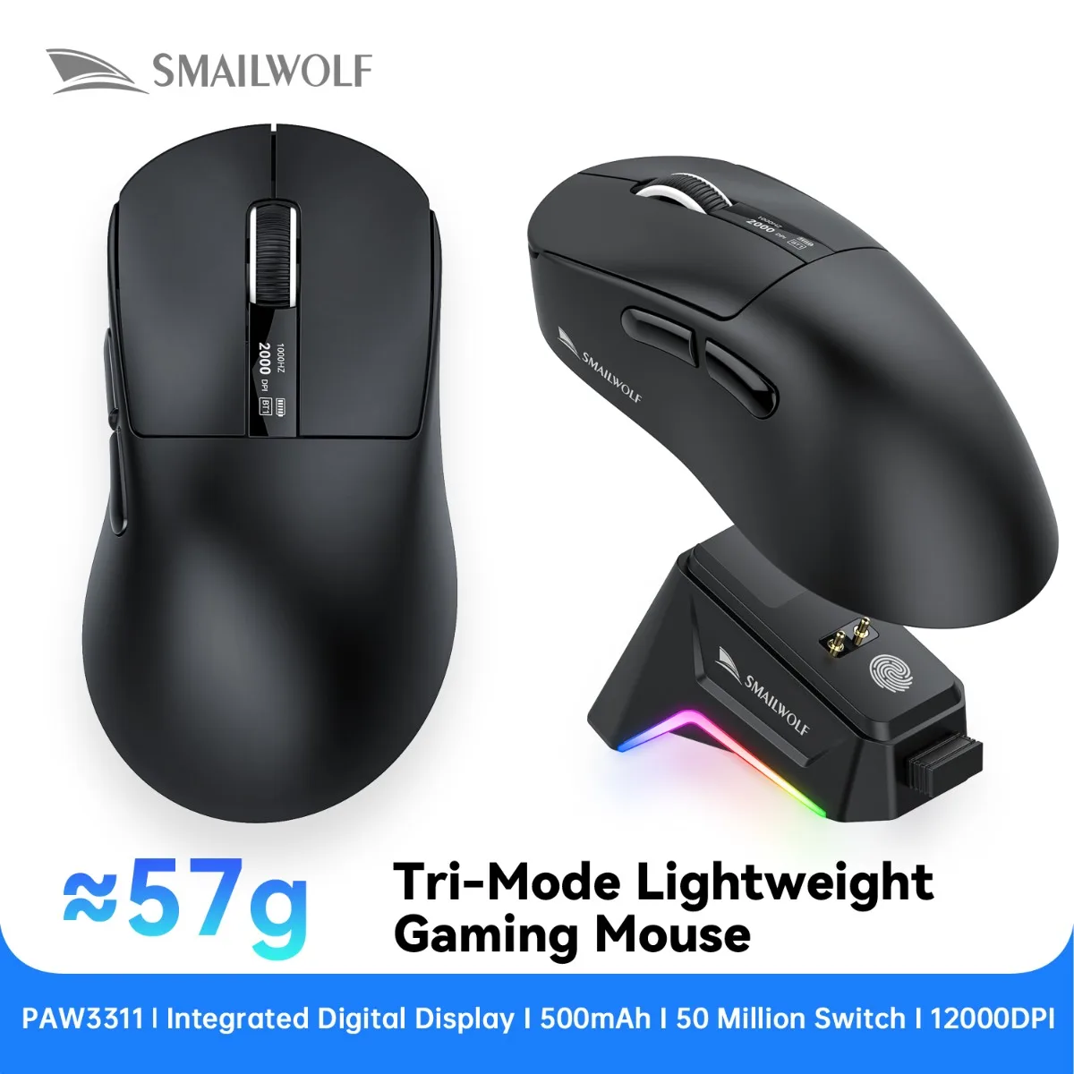 

Gaming Mouse Bluetooth Wireless Mouse PAW3311 Tri-Mode Connection E-sports Mouse with RGB Magnetic Charging Dock SMAILWOLF M6