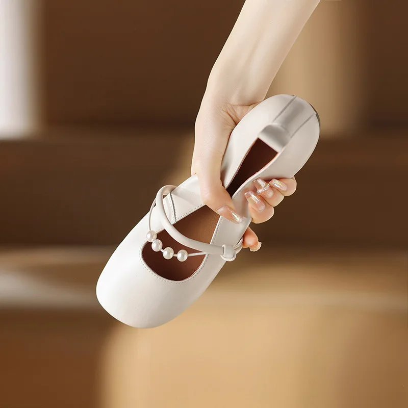 

White Pearl Mary Jane Shoes Soft Sole Bean Shoes Women's Autumn 2024 Fairy Style New Four Seasons Shoes Flat Sole Single