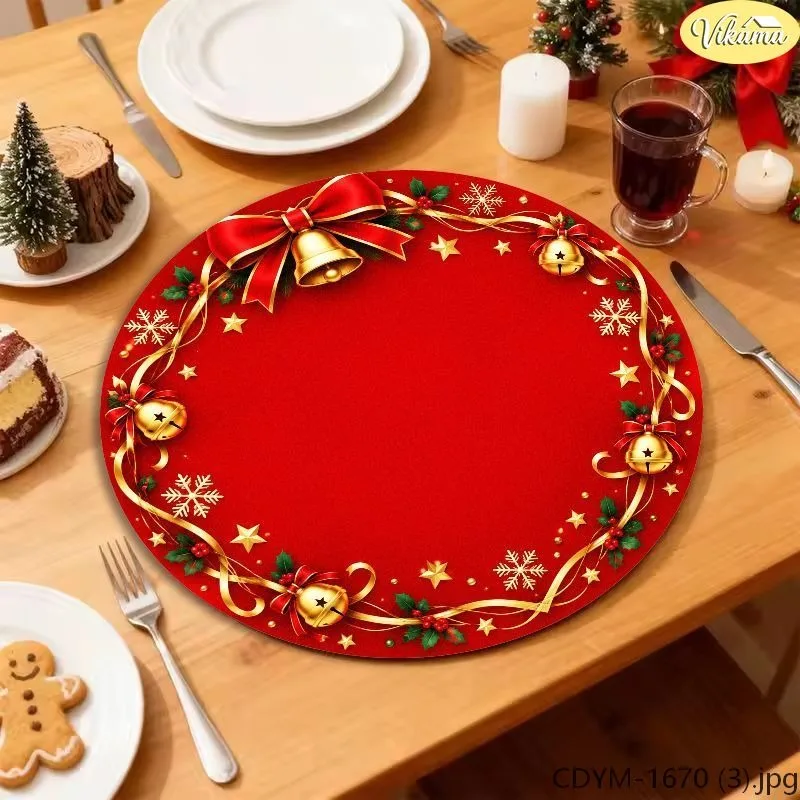 VIKAMA Christmas Round Placemats, Red Gold Bow Bell Ribbon Star Snowflake Garland Ring, Holiday Kitchen Mat