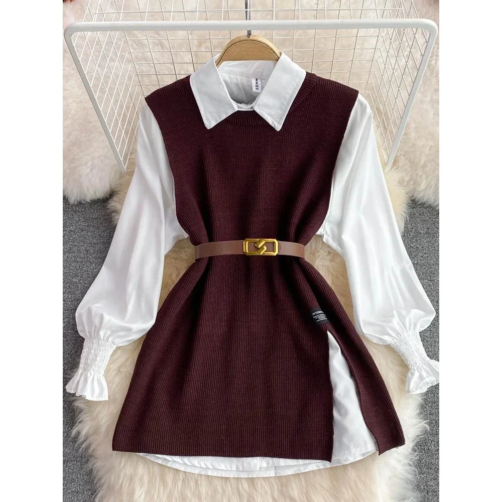 New Autumn Fashion Korean Office Lady Lapel Lantern Sleeves White Shirt +V-neck Knitted Vest Casual Two-piece Set Clothes Women