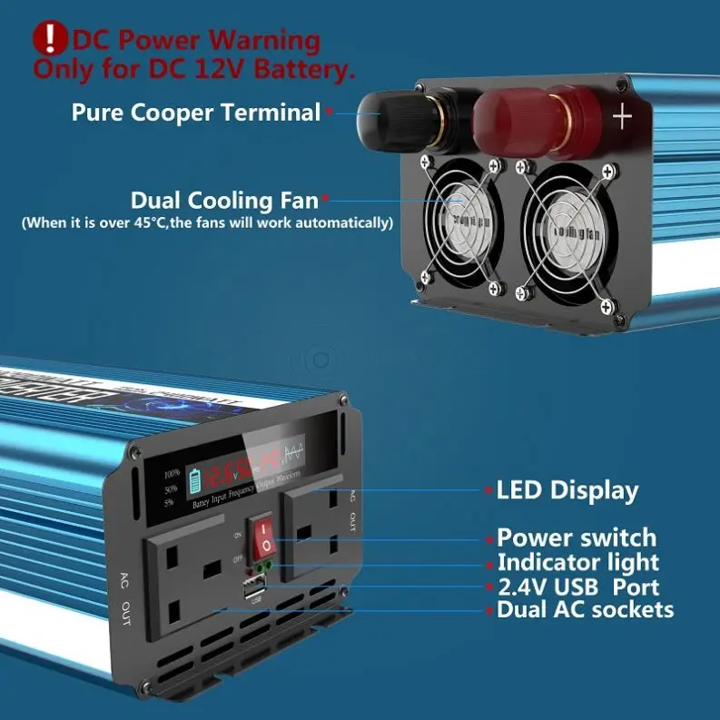 Pure Sine Wave 1000W Inverter DC to AC Converter Compatible with 110v 120v 220v 230v 240v Compatible with 12V 24V 48V