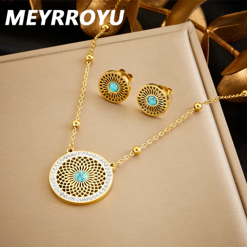 MEYRROYU 316L Stainless Steel Turquoise Hollowed Out Leaves Golden Necklace Earring Girl 2024 New Fashion Jewelry Set Party Gift