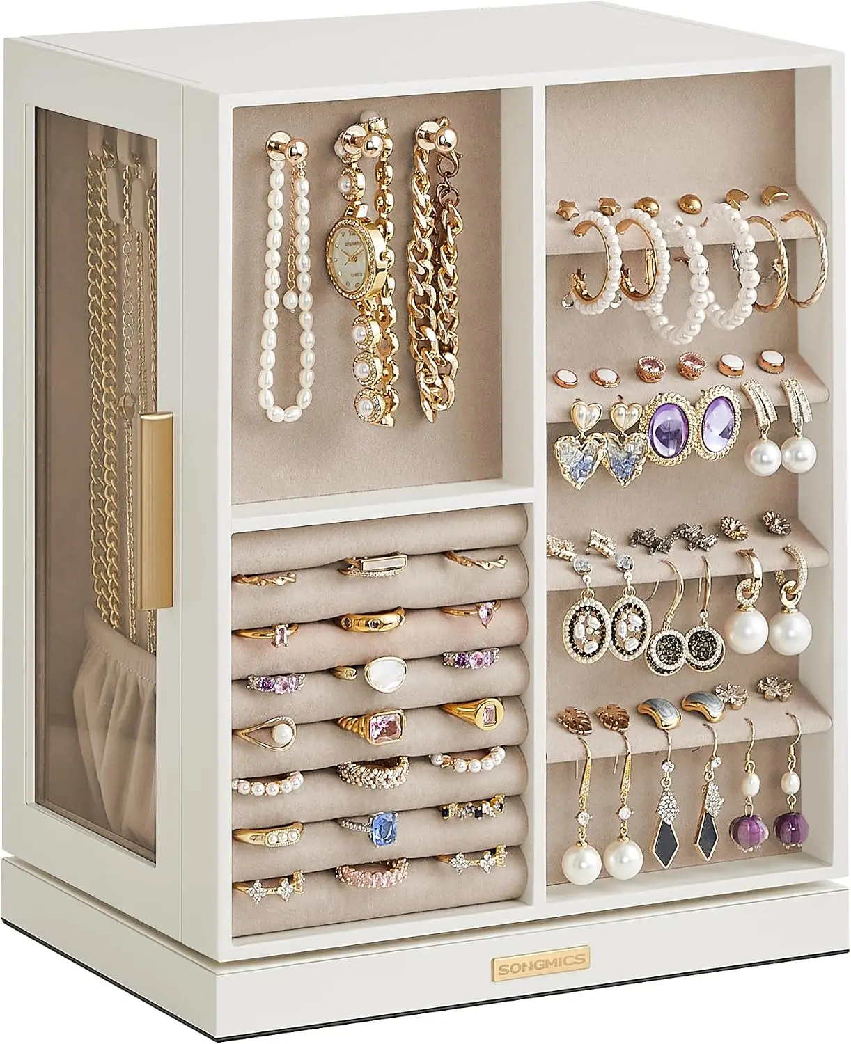 Jewelry Box Organizer 360 Rotating, Vertical Jewelry Storage Case with 5 Drawers, Glass Window, Spacious, Open Design, Great Gift, Cloud White UJBC170W01