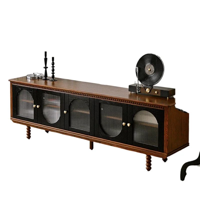 

French retro all-solid wood TV cabinet, black American style small apartment living room audio-visual cabinet