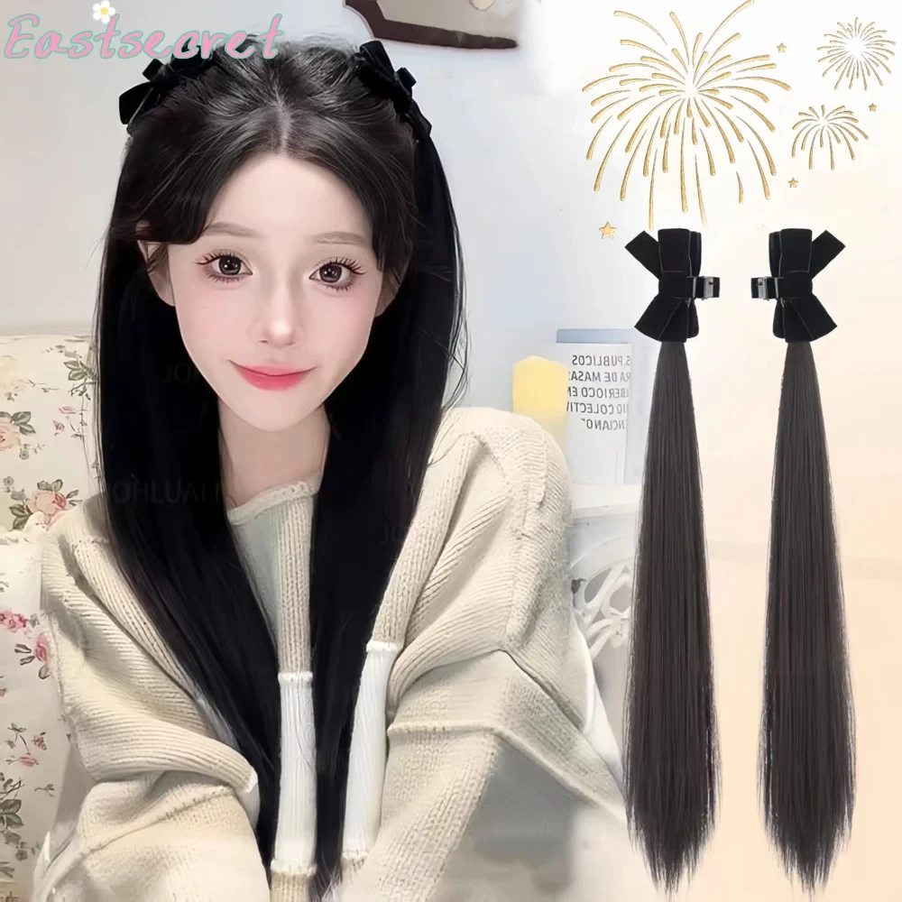 EAST Synthetic Ponytail Claw Clip Double Ponytail Elf ear Bow Wig To Increase Hair Volume Long Straight Braid Wig Ponytail