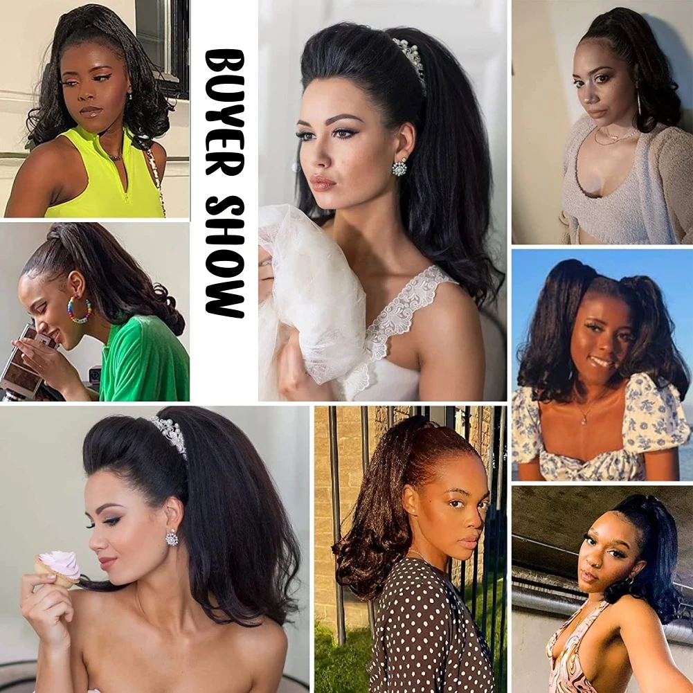Short End Curly Synthetic Draw-string Ponytails for Women 16 Inch Yaki Hair Ponytails Heat Resistant Matte Fiber Ponytail Hair