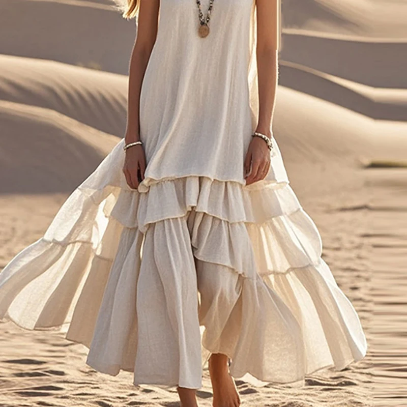 Vestidos sexy com decote em v em camadas plissado vestidos longos primavera sólido algodão linho vestido feminino verão sem mangas feriados vestido de praia