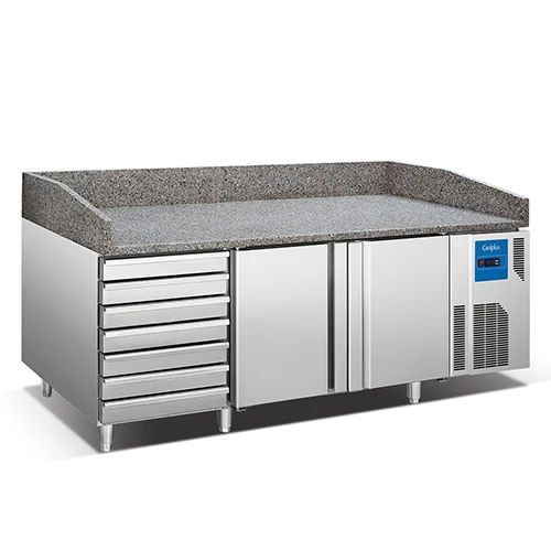 Desain Hemat Energi Bakery Counter Chiller Pizza Top 2 Pintu Di Bawah Counter Chiller Dengan 7 Laci