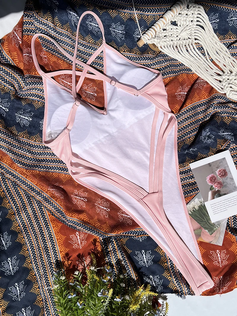 Pink One Piece Swimsuit 2023 New Brazilian Beachwear Sexy Monokini Bathing Suit Swimwear Women Backless Bandage Thong Bodysuit