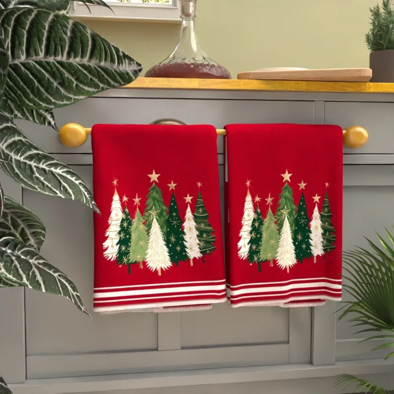 2-Pack Super Soft Kitchen Towels - Red Christmas Tree Pattern for Holiday Decorations and Daily Use, Kitchen Dishtowels