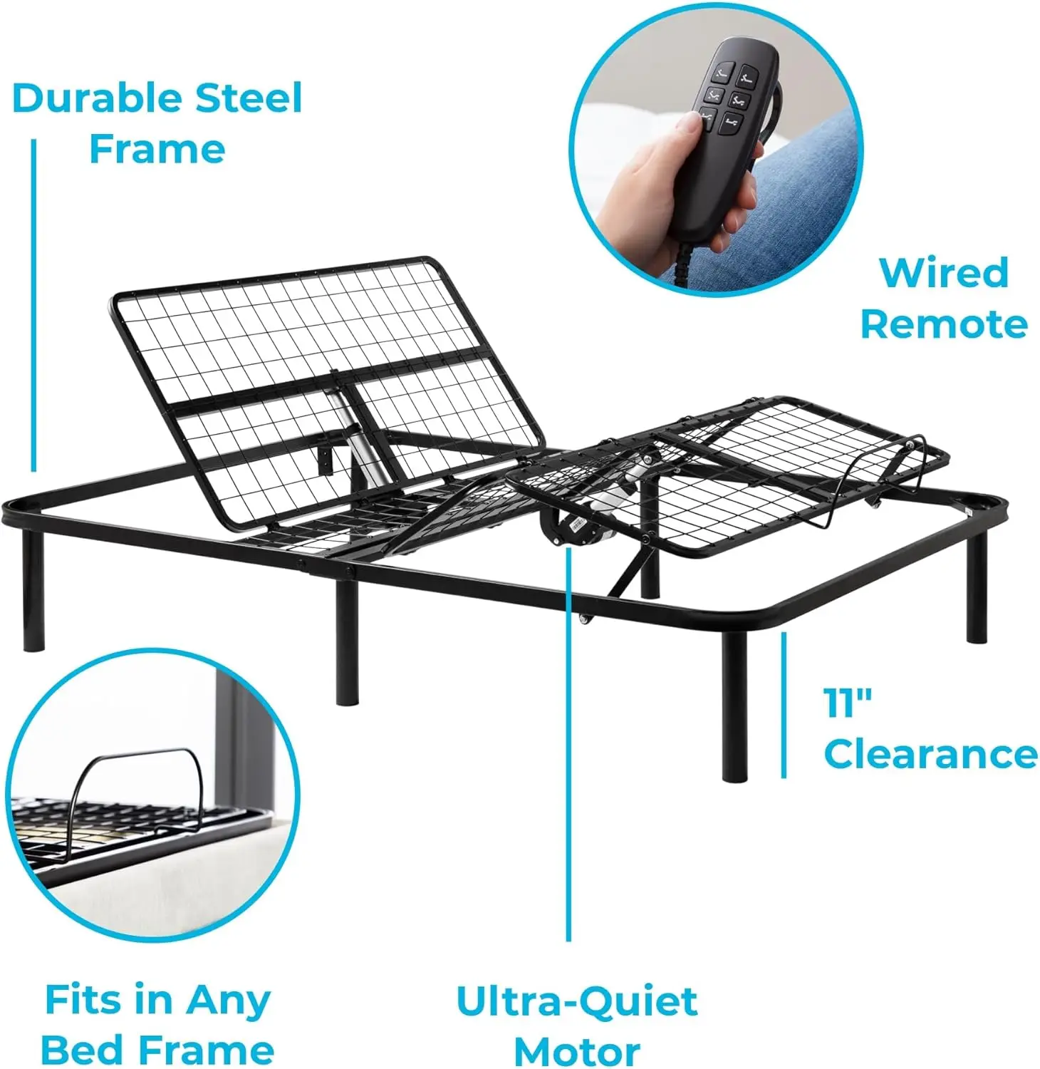 Adjustable Bed Frame - Independent Head and Foot Incline - Powerful Quiet Motor