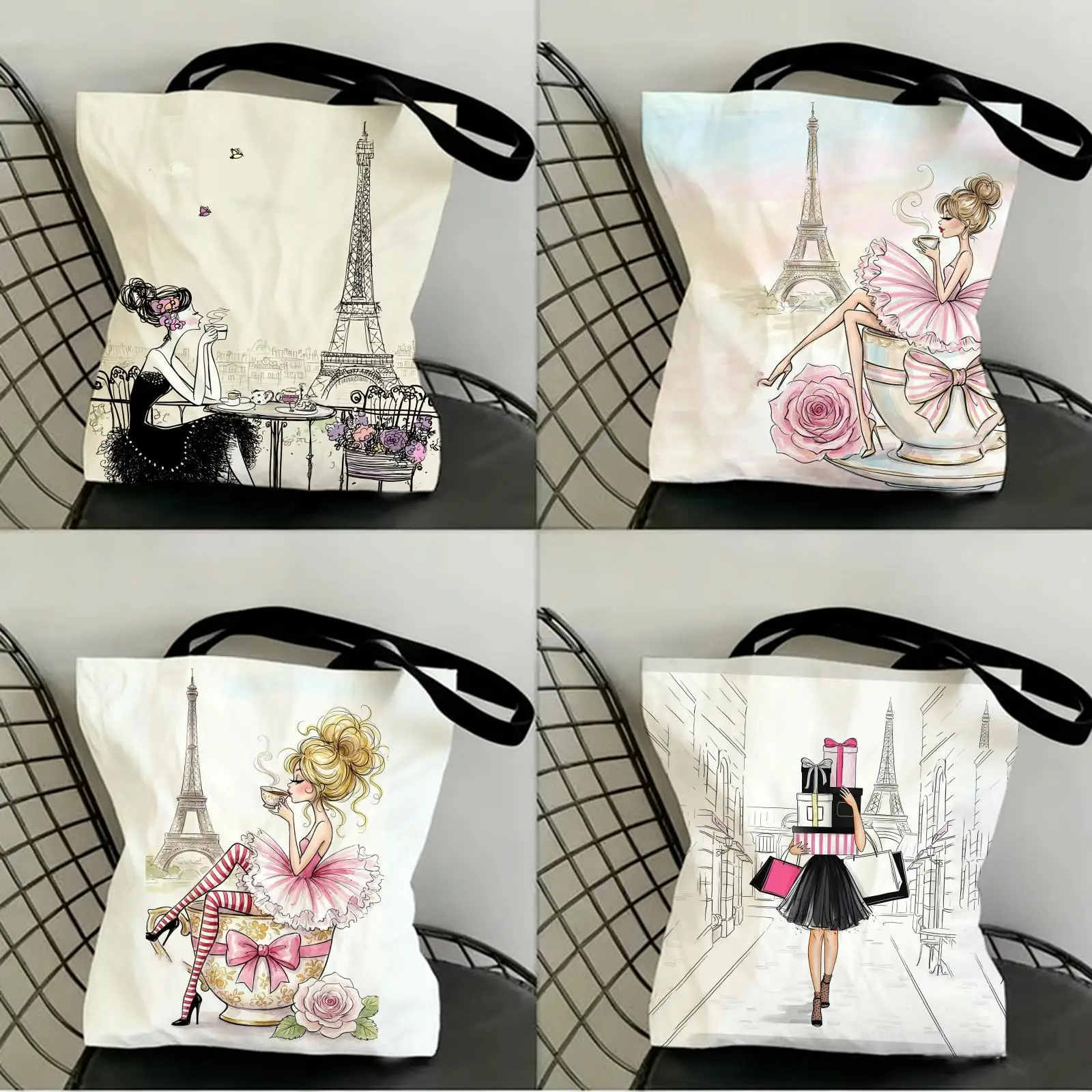 Französische Vintage-Ästhetik Aufbewahrungstaschen Canvas Doppelseitig Bedruckte Modische Schulter-Tragetasche Einkaufstasche Geschenk Öko-Handtaschen