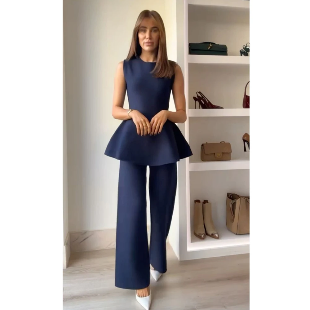 

Navy Blue 2 Pieces Suit Set for Women Elegant Sleeveless Wedding Guest Outfit Office Lady Pants Set Lady Party Suit
