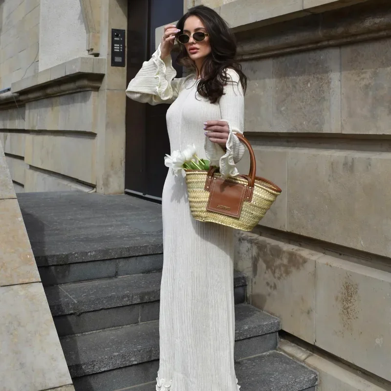 BWQ Flare Sleeve Round Neck White Maxi Dress Women Autumn Fashion Lace Up Elegant Long Dresses Female High Street Beach Robes