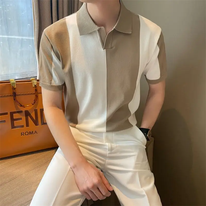 

Мужская летняя полосатая футболка с коротким рукавом и воротником