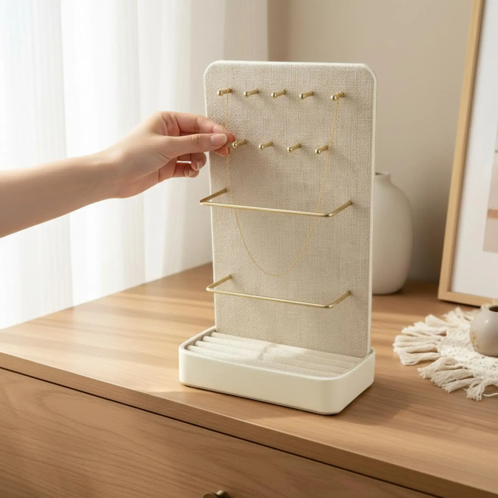 Linen Display Rack Freestanding Jewelry Organizer with Metal Rails Wood Frame Storage Stand for Necklaces Bracelets Rings