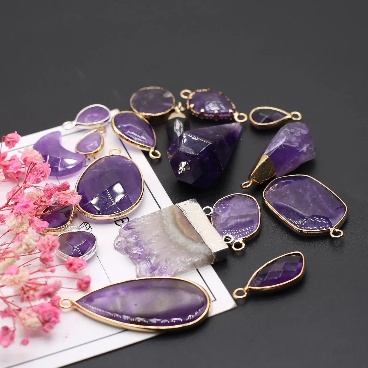 Natural Stone Ornament Pendant Connector Amethyst Craft Jewelry Making DIY Necklace Earring Hanging Accessories Gift Decor