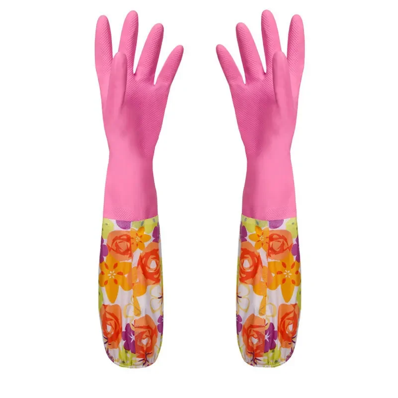 Flower Rubber Velvet Long Gloves Household  Antiskid Washing Cleaning   Dish