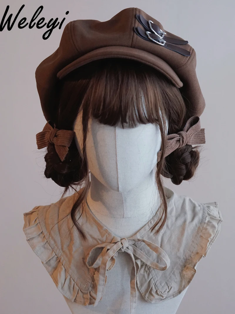 Japanese Sweet Original Newsboy Hat Woman Brown Coffee Leather Buckle Beret Capes Cute Merad Korean Style Berets Caps for Women