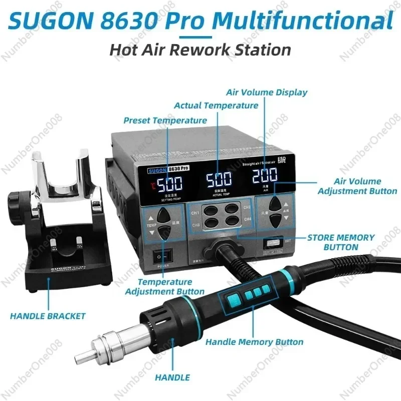 2024 SUGON 8630Pro 1300W Pistola ad aria calda Display digitale BGA Rilavorazione Ugello curvo Saldatura Stazione dissaldante di riparazione