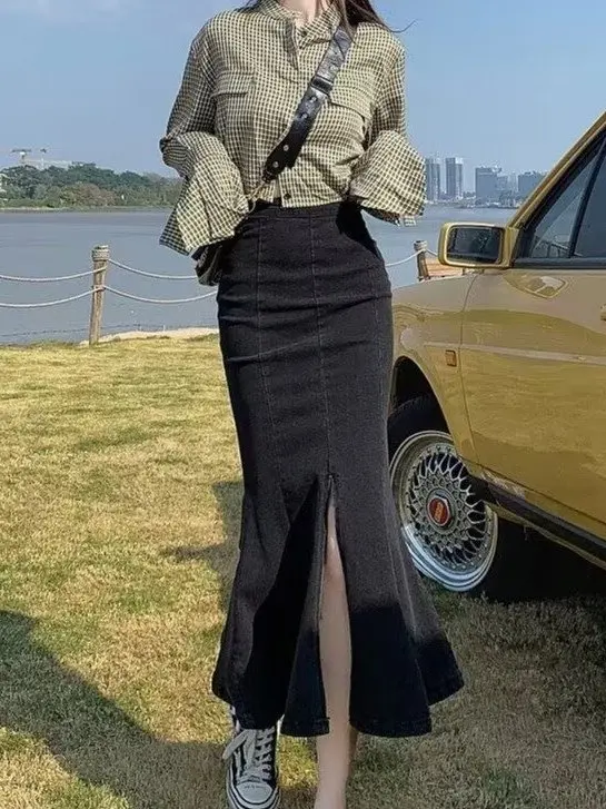 High Waist Mid-Length Denim Fish Tail Skirt Women's Fashion Design Split Bodycon Skirt Spring Autumn Season New Arrival