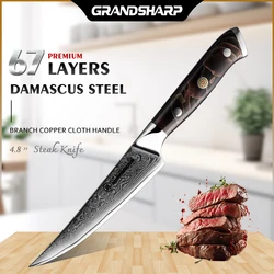 Grandsharp 5 Inch Steak Knife 67 layers 10Cr15CoMov damascus steel Chops Pork Kitchen Knives Branch Copper Cloth Handle with Box