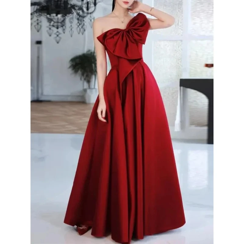 Elegant Temperament Prom Evening Dresses Vestidos Bow Draped One-shoulder Strapless Cross Lace Up Dress Banquet Trendy Party