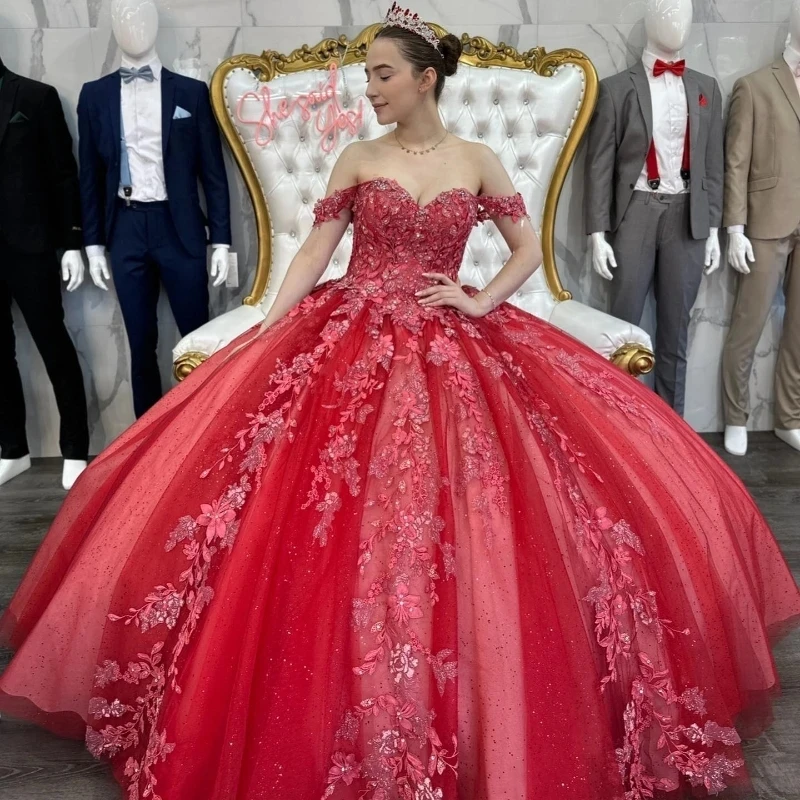 

Charming Red Quinceanera Dresses Lace Appliques Beads Tull Princess Off The Shoulder Girl Birthday Party Gowns Sweet vestidos de