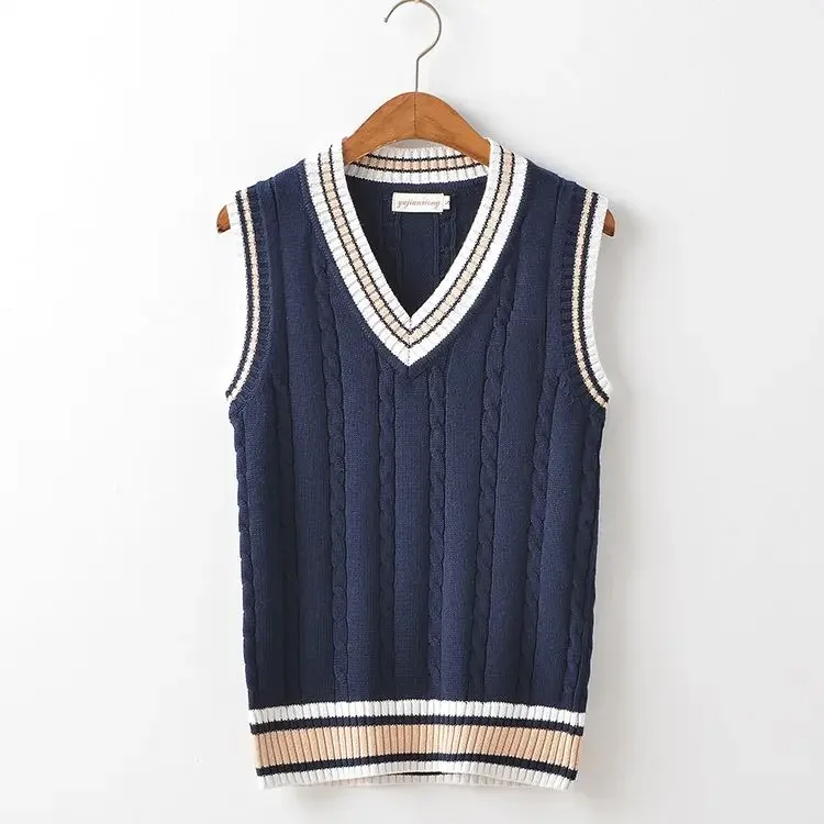Striped Men's V-Neck Knit Vest Cotton Casual Sweater