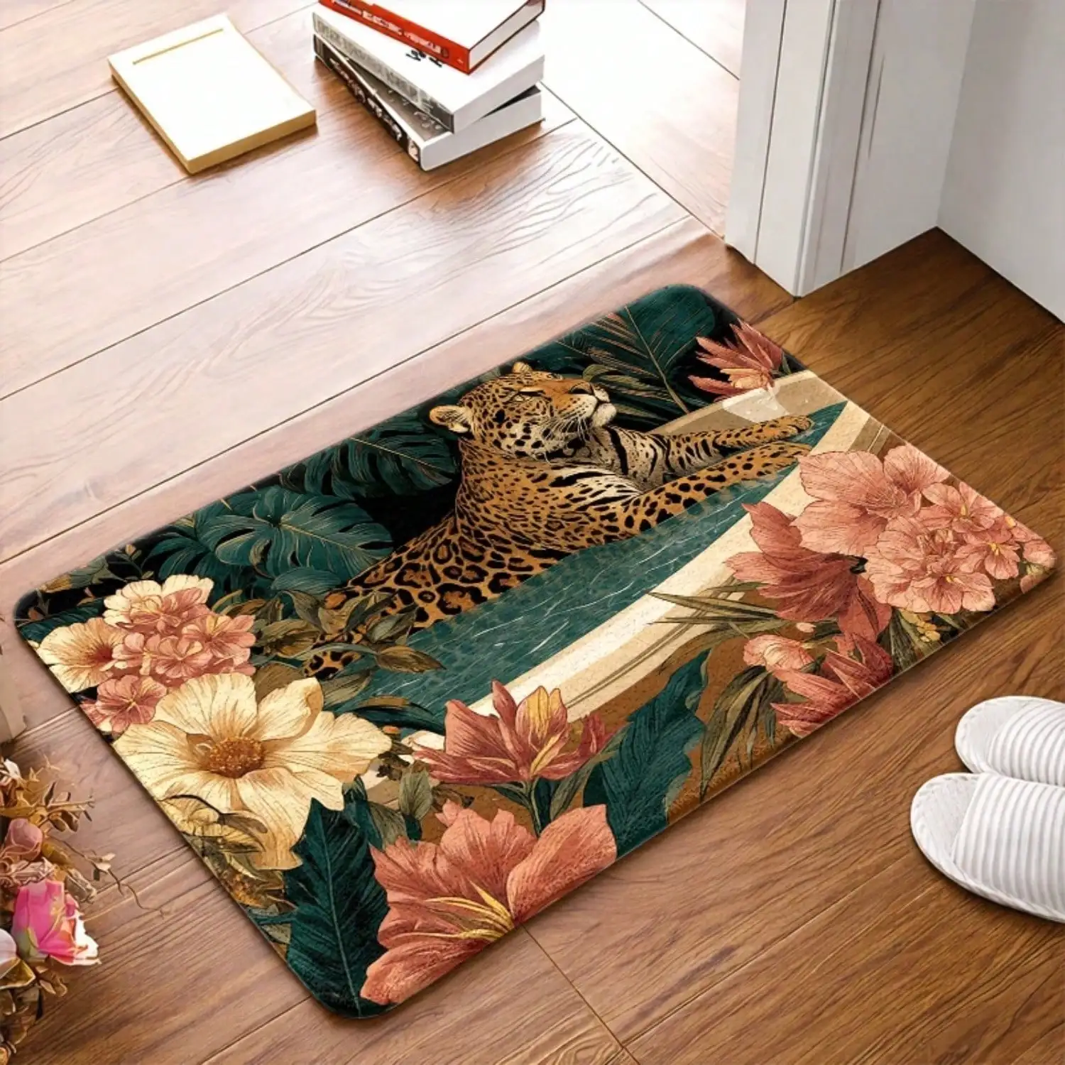 1pc Flannel Doormat With Non-Slip Rubber Back | Tropical Rainforest Leopard Art Pattern, Durable, & Machine-Washable, Versatile For Indoor & Outdoor Use