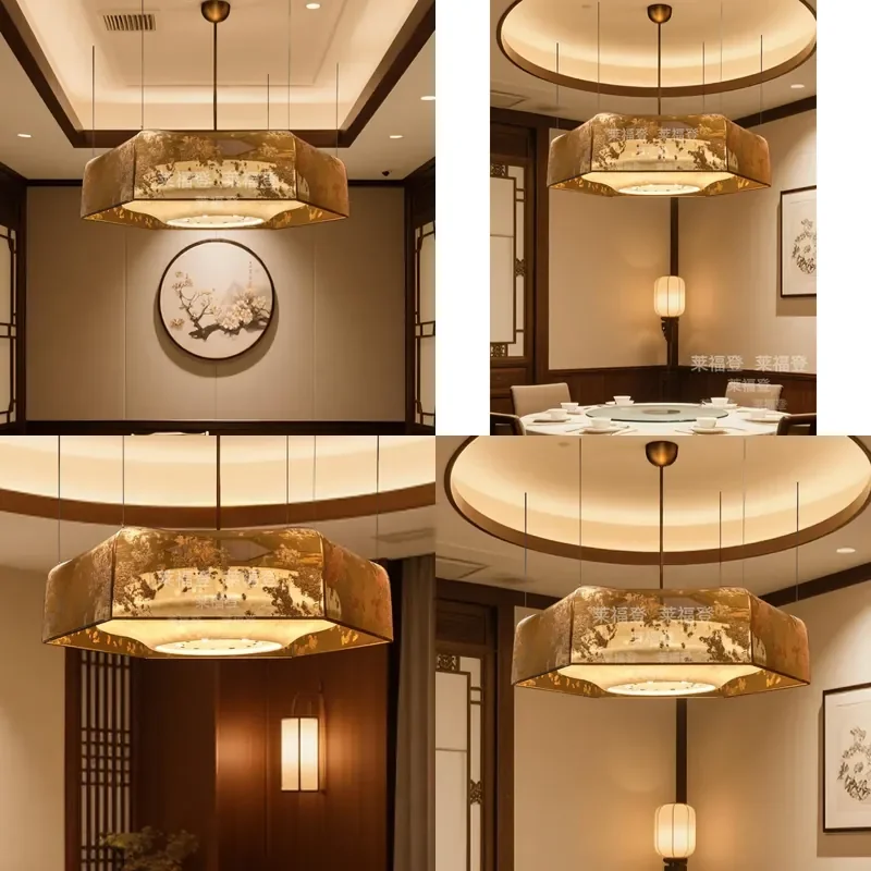 New Chinese Retro Fabric Chandelier for Hotel Restaurant Island Dining Table Banquet Hall Lighting Fixture