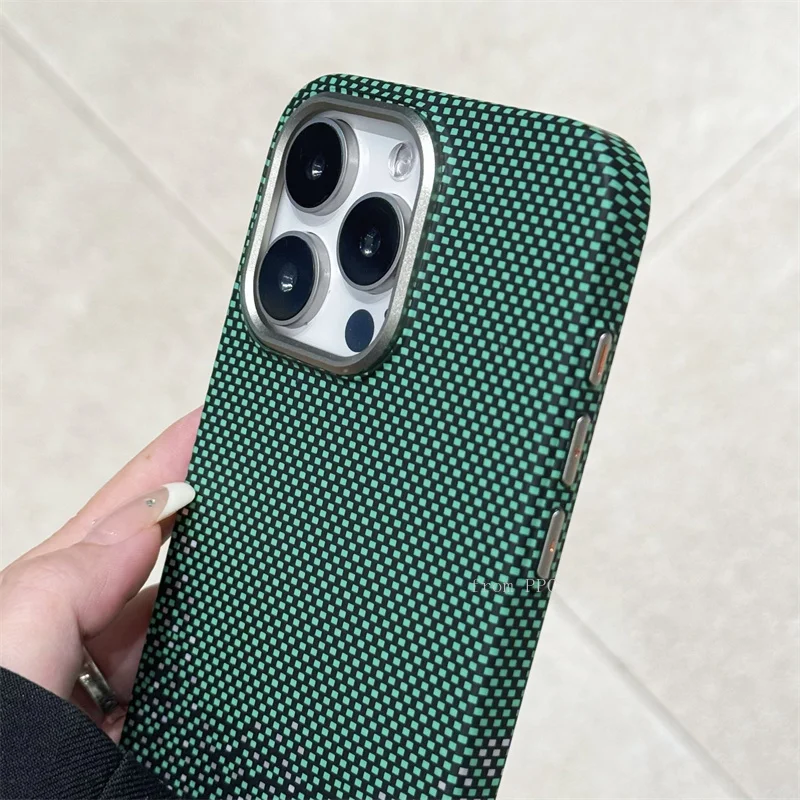 Camera Alloy Folding Stand Plaid Dots Magnetic Back Cover 16 Case for iPhone 15 14 Pro Max MagSafe Shell Frame Carbon Color Hull image 5