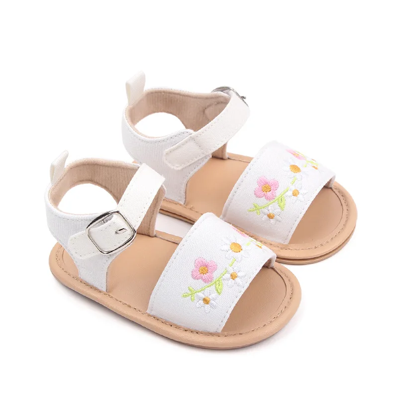 Sandales d'été pour bébés filles, chaussures de plage en plein air avec broderie florale mignonne, semelle souple anti-alde, chaussures de premier marcheur