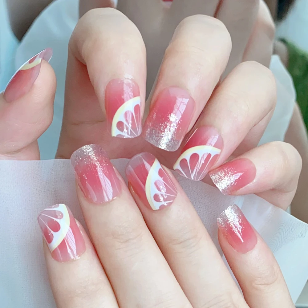 

24Pcs Fresh Gradient Pink Short Square Press On Nail with Glitter Half A Lemon Design Fake Nails Cute Short Wearable False Nails