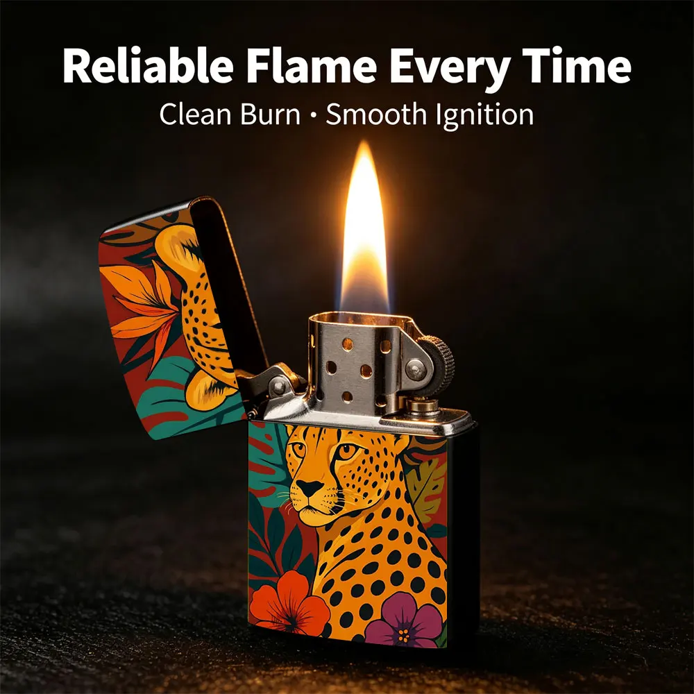 Pocket Lighter, Flip-Top Windproof Design, Metal Case, Leopard with Flower Print, Comfortable Grip, Portable & Durable, Creative Gift