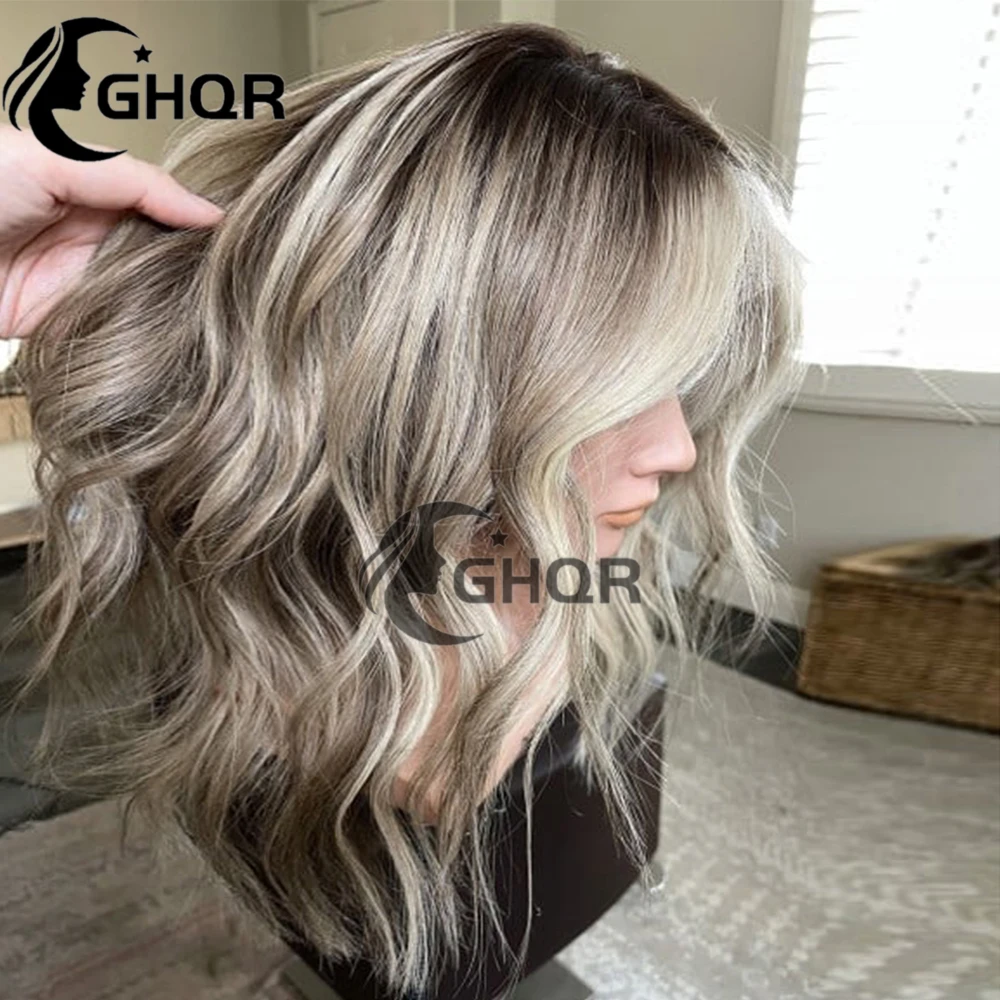 Highlight Ash Brown Blonde Human Hair Full Lace Wigs Transparent Pre Placked Swiss 360 Lace Frontal Human Hair Wigs Dark Roots