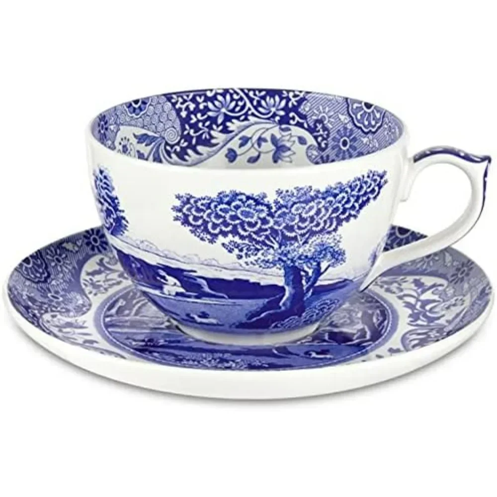 Cups Sets,Blue Italian Teacups and Saucers - Set of 4 (20 Ounce)