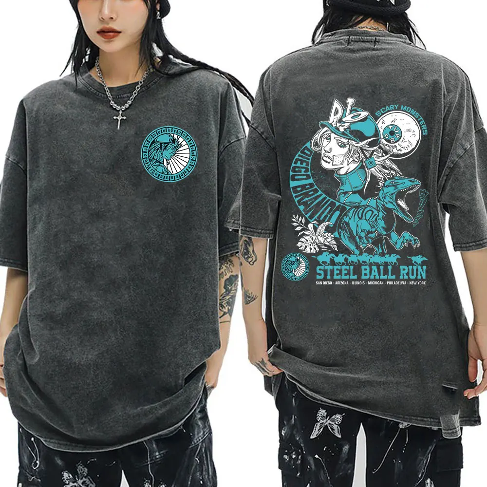 أنيمي جوجو مغامرة غريبة غسلها تي شيرت الصلب الكرة تشغيل دييغو براندو مانغا تي شيرت الرجال النساء القطن عادية المتضخم تي شيرت #1