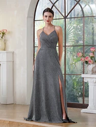 Elegant Bright Gray Evening Dresses Sparkle Spaghetti Strap Cross Straps Backless Prom Gowns A Line High Slit Formal Party Dress