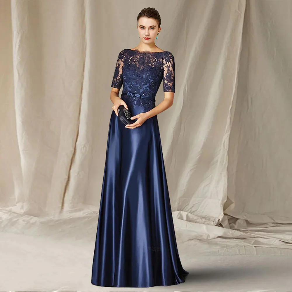 Blue Mother of the Bride Dresses 2023 Lace Beads Satin Wedding Guest Gown A-Line Luxury Elegant Dress Women For Wedding Party