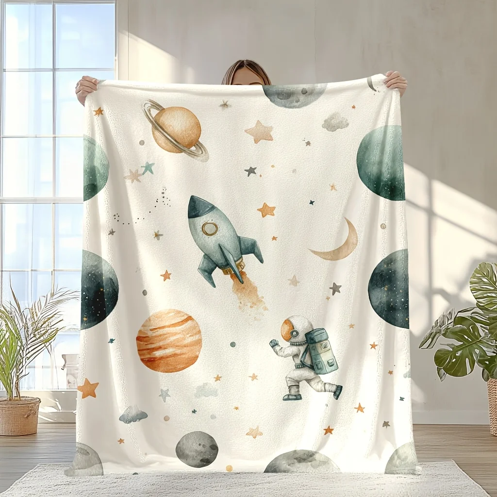 1pc,warm Blanket Space Rocket & Planets Pattern Blanket, Soft and Warm,Birthday Day Gifts for Classmates,friends,family and Love