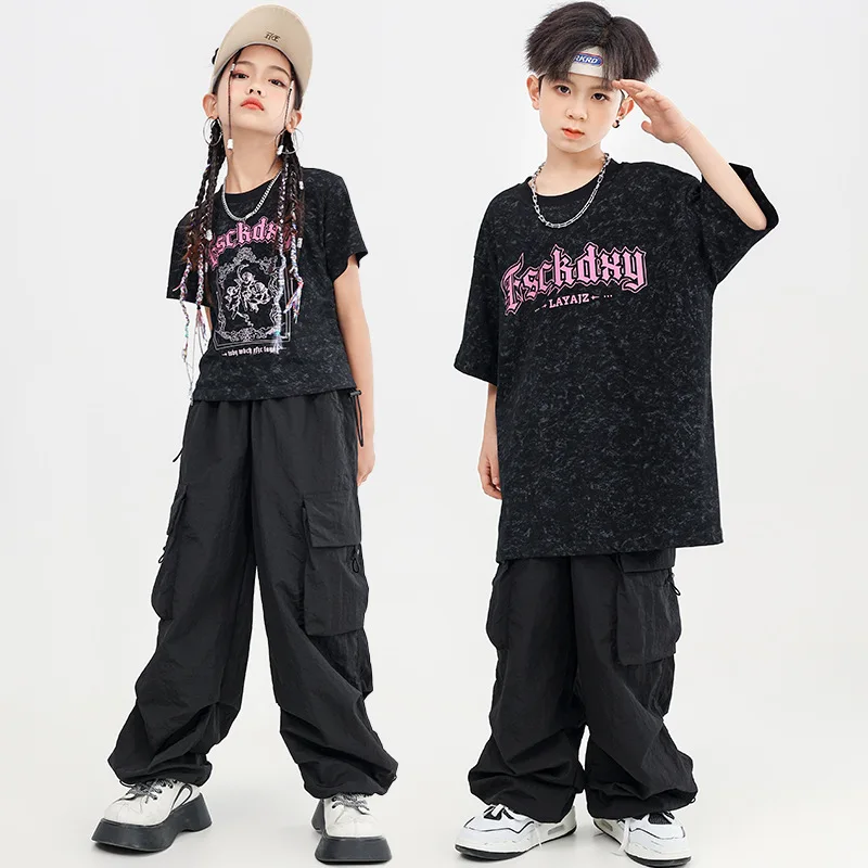 Kind coole Hip Hop schwarze Buchstaben drucken übergroße T-Shirt Top lässig Kordel zug Cargo hose für Mädchen Junge Jazz Tanz Kostüm Kleidung