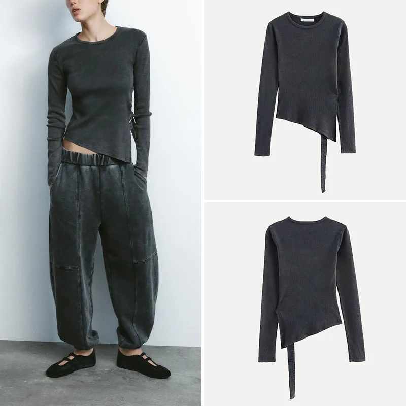 

Женская футболка Long Sve Spring 2025 с круглым вырезом Ne Slant Hem Z Sweet Cool из полиэстера 00% обычной длины