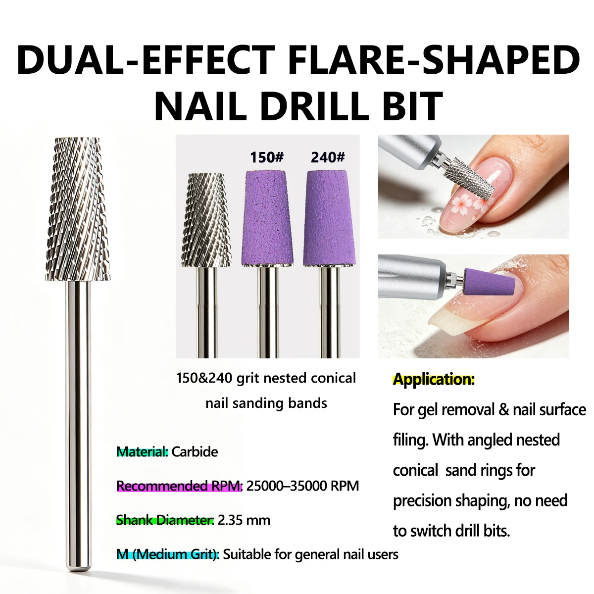 Dual Function Reversible Rotate Tapered Carbide Nail Drill Bit & Sanding Bands Set, Gel Removal & Nail Surface Filing Kit, 150# 240# Grit Sanding Sleeves, Manicure Supplies for Salon & Home Use view 4