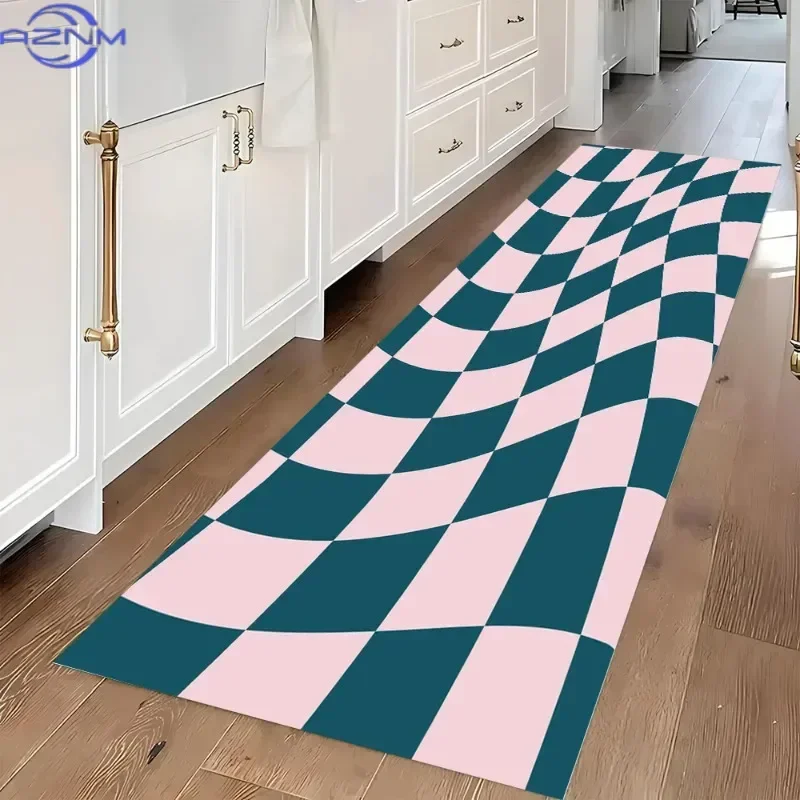 Modern Optical Illusion Runner Rug Geometric Checkered Pattern Carpet Soft Non-Slip Hallway Mat for Living Room Bedroom Entryway